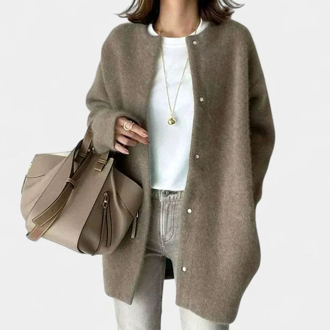 Women's Oversized Button-Front Knit Cardigan Sweater, Camel - Light Gray