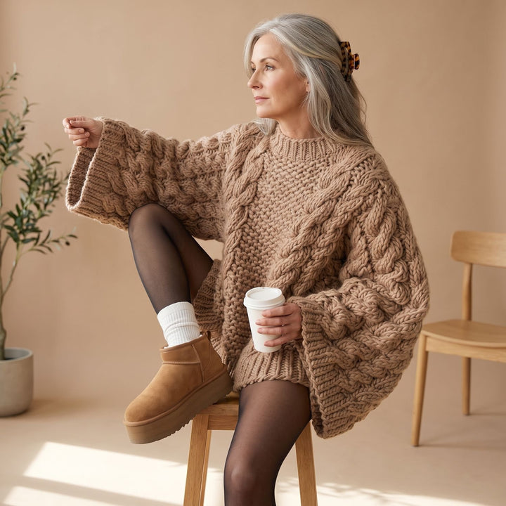 Women's Oversized Cable-Knit Chunky Crew Neck Sweater - Khaki
