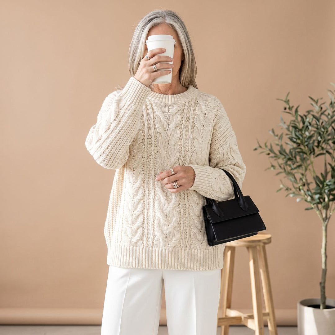 Women's Oversized Cable-Knit Chunky Crew Neck Sweater - White