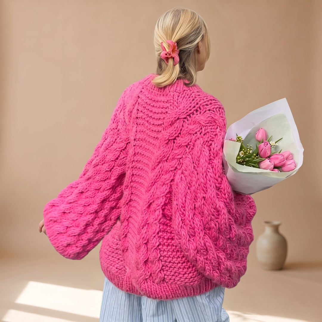 Women's Oversized Cable-Knit Chunky Crew Neck Sweater - Pink