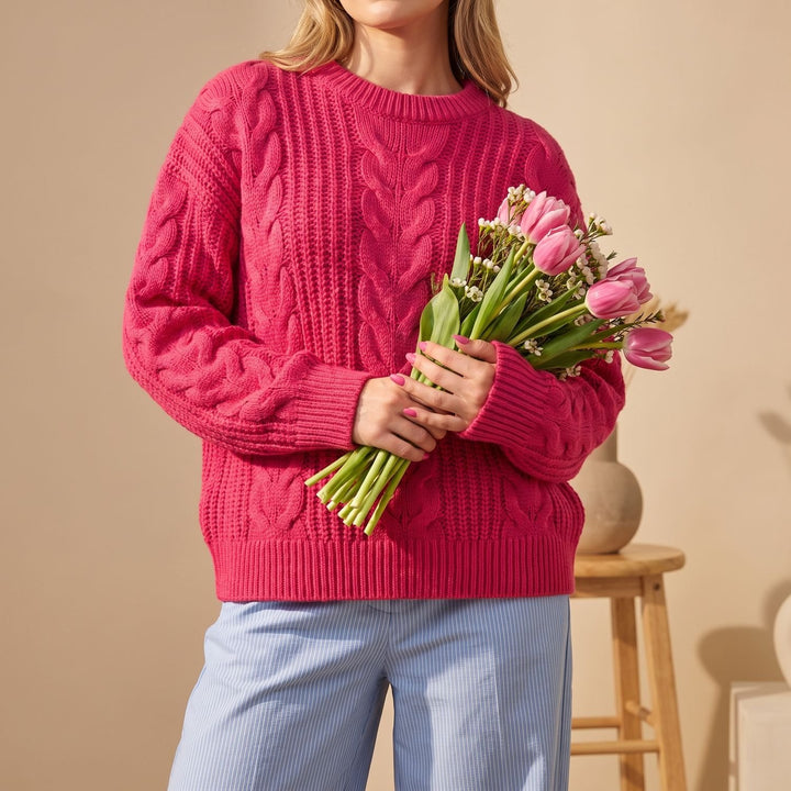 Women's Oversized Cable-Knit Chunky Crew Neck Sweater