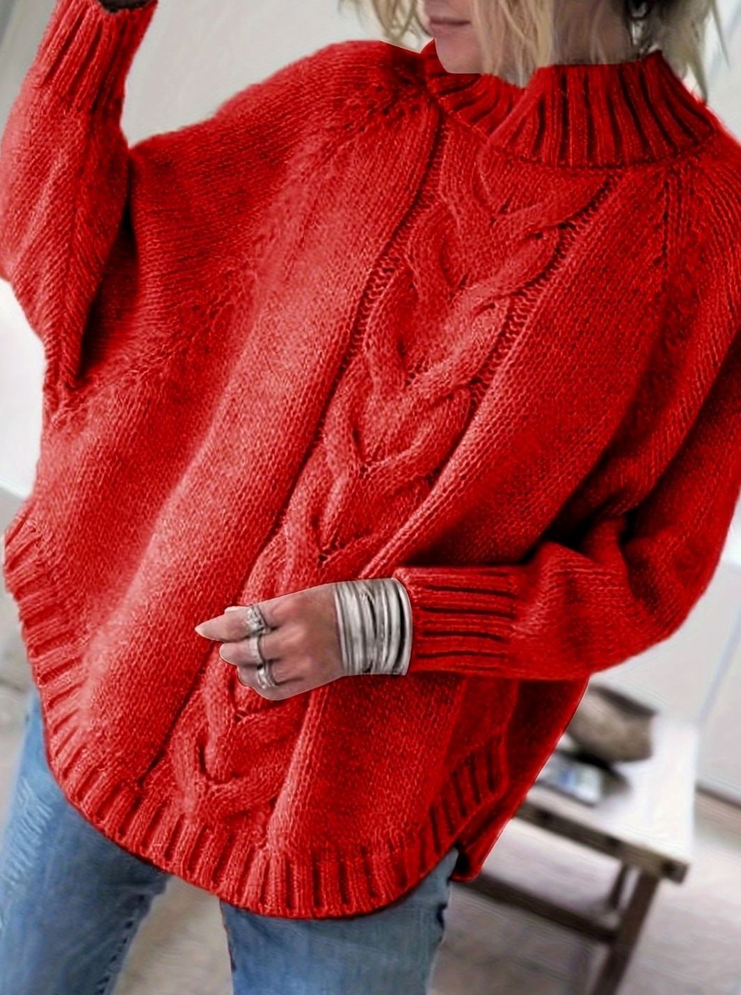 Women's Oversized Cable Knit High-Neck Sweater