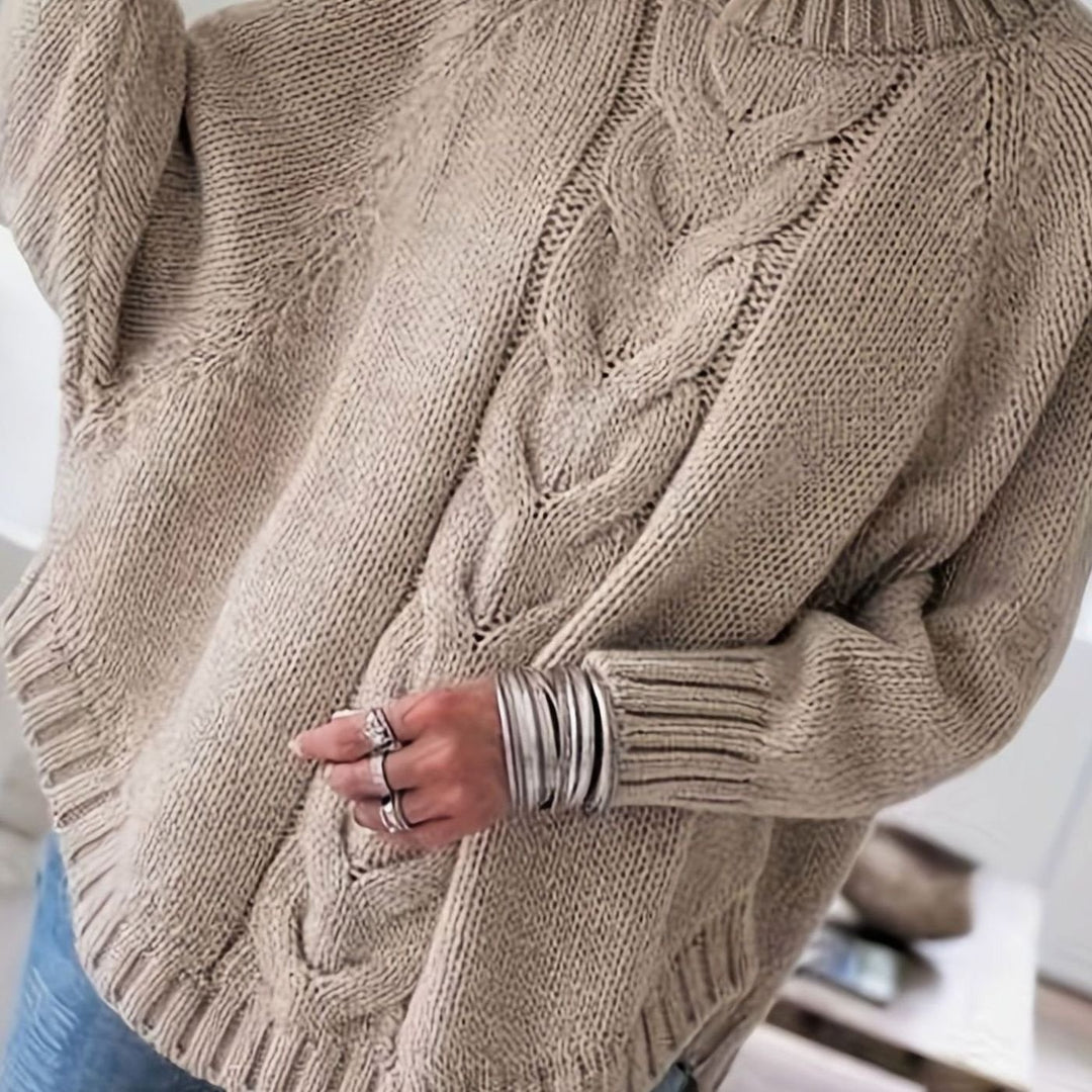 Women's Oversized Cable Knit High-Neck Sweater - Khaki