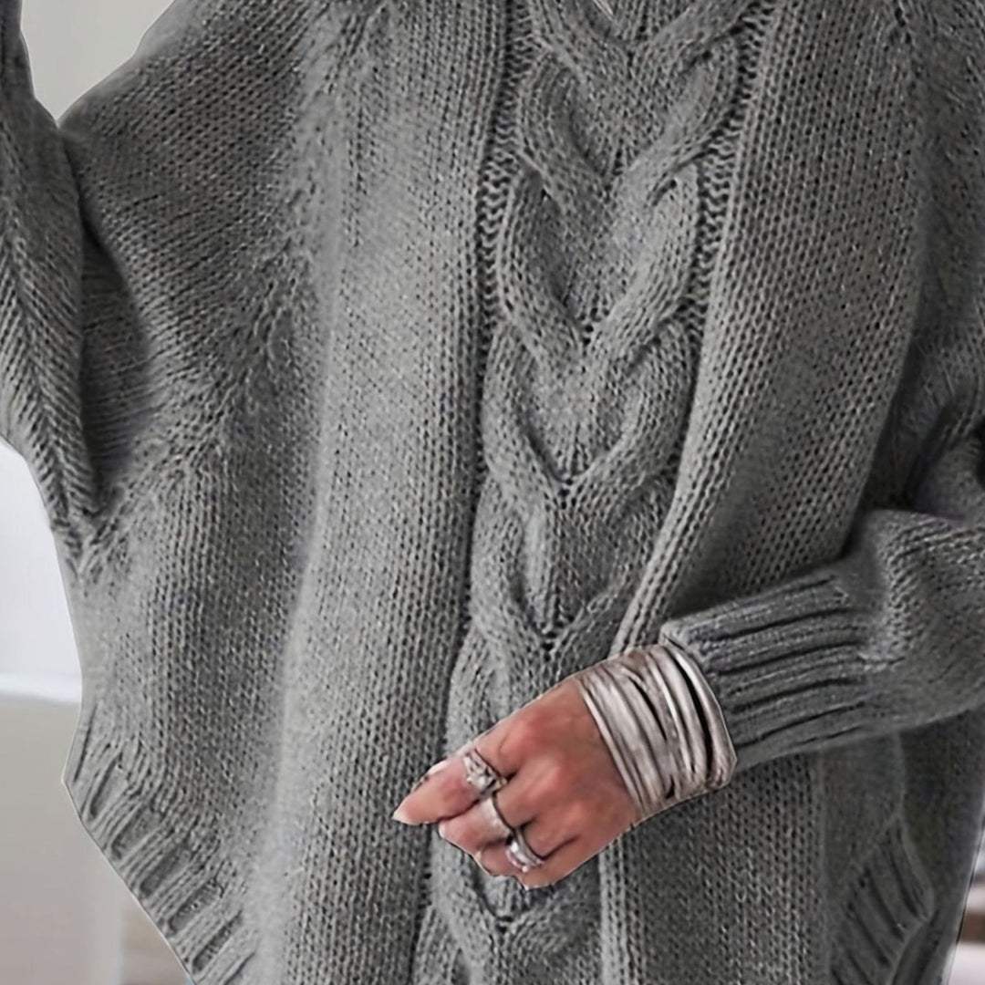 Women's Oversized Cable Knit High-Neck Sweater - Dark Gray