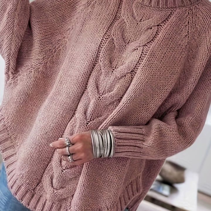 Women's Oversized Cable Knit High-Neck Sweater - Pale Pinkish Gray