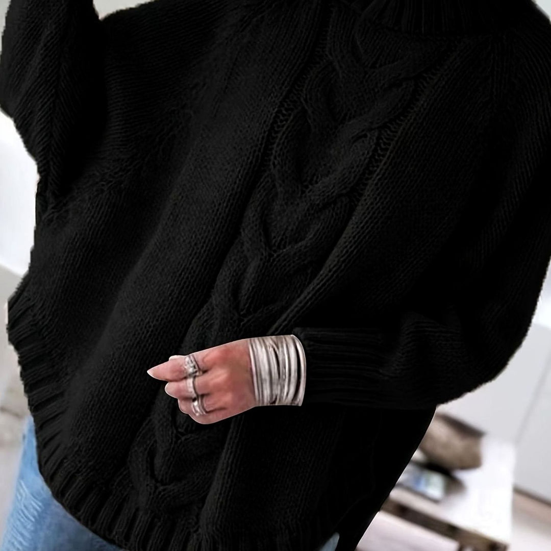 Women's Oversized Cable Knit High-Neck Sweater - Black