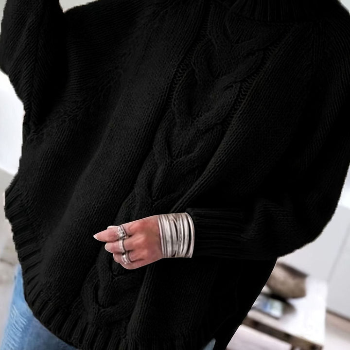 Women's Oversized Cable Knit High-Neck Sweater - Black