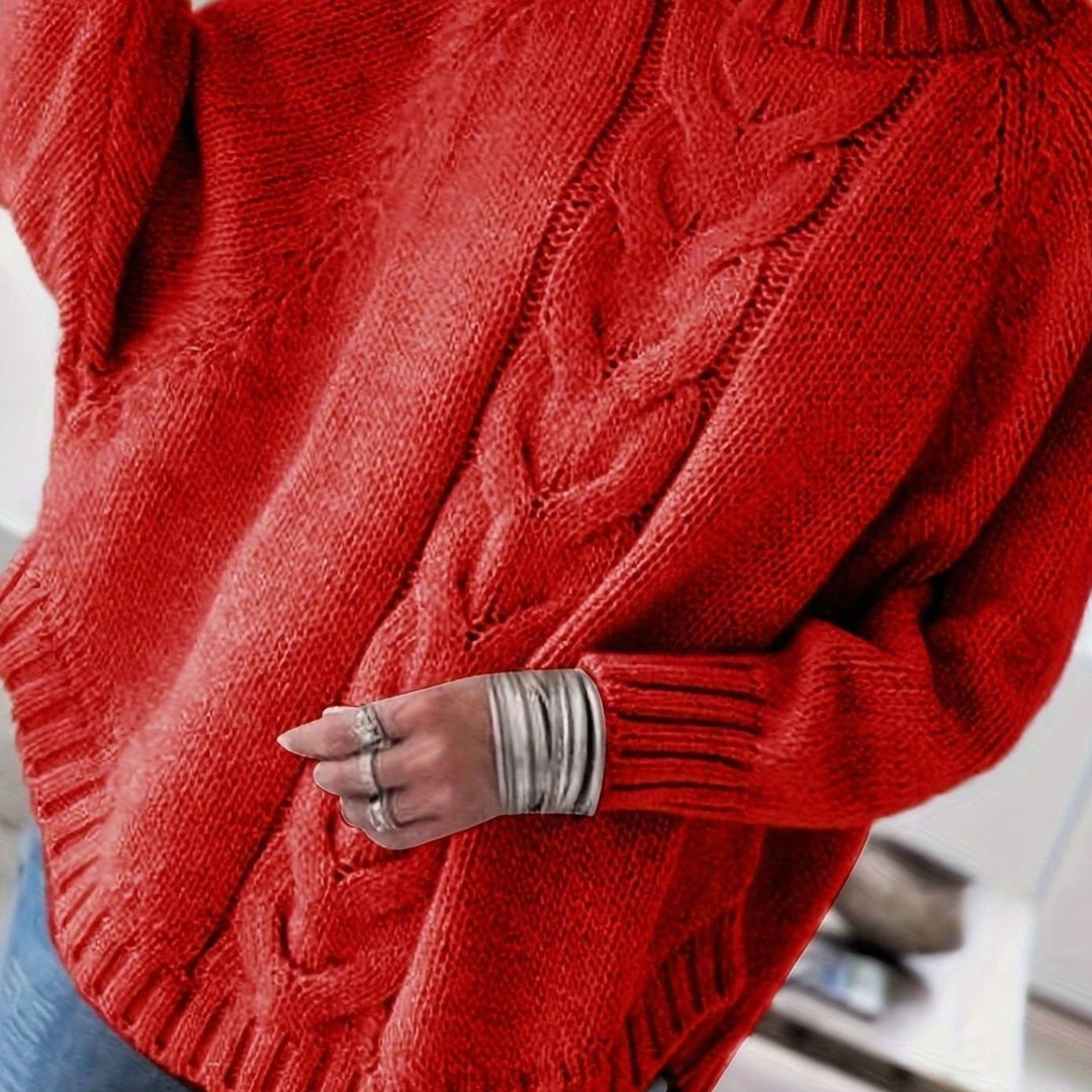 Women's Oversized Cable Knit High-Neck Sweater - Red
