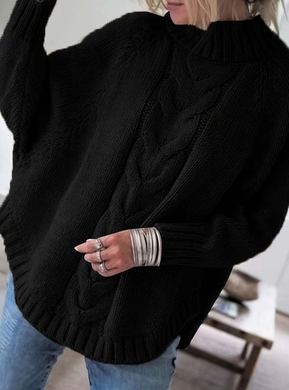 Women's Oversized Cable Knit High-Neck Sweater