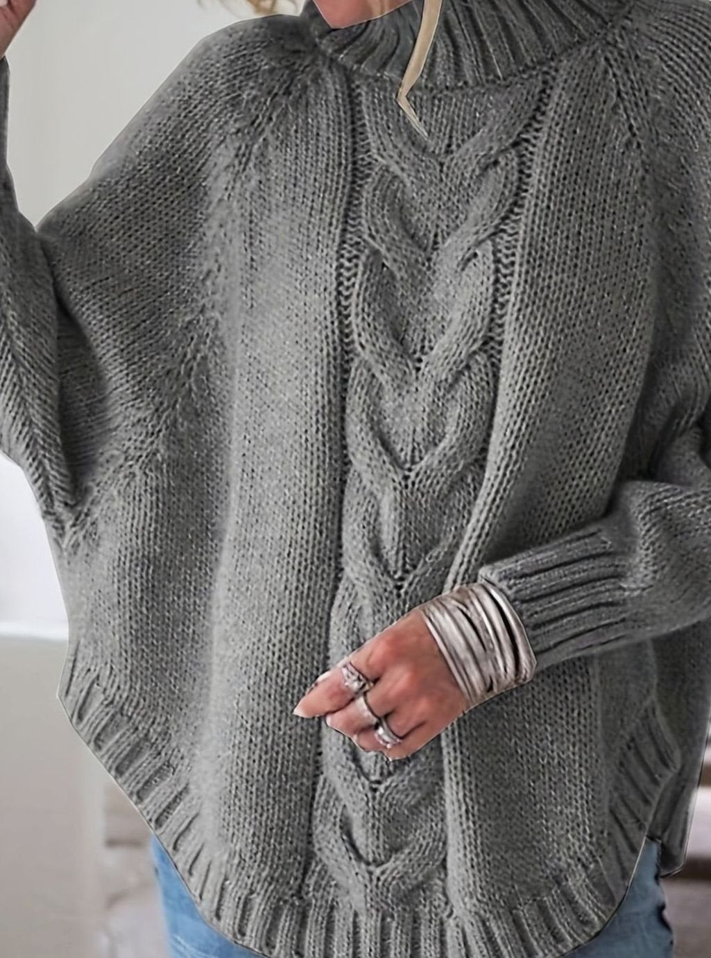 Women's Oversized Cable Knit High-Neck Sweater