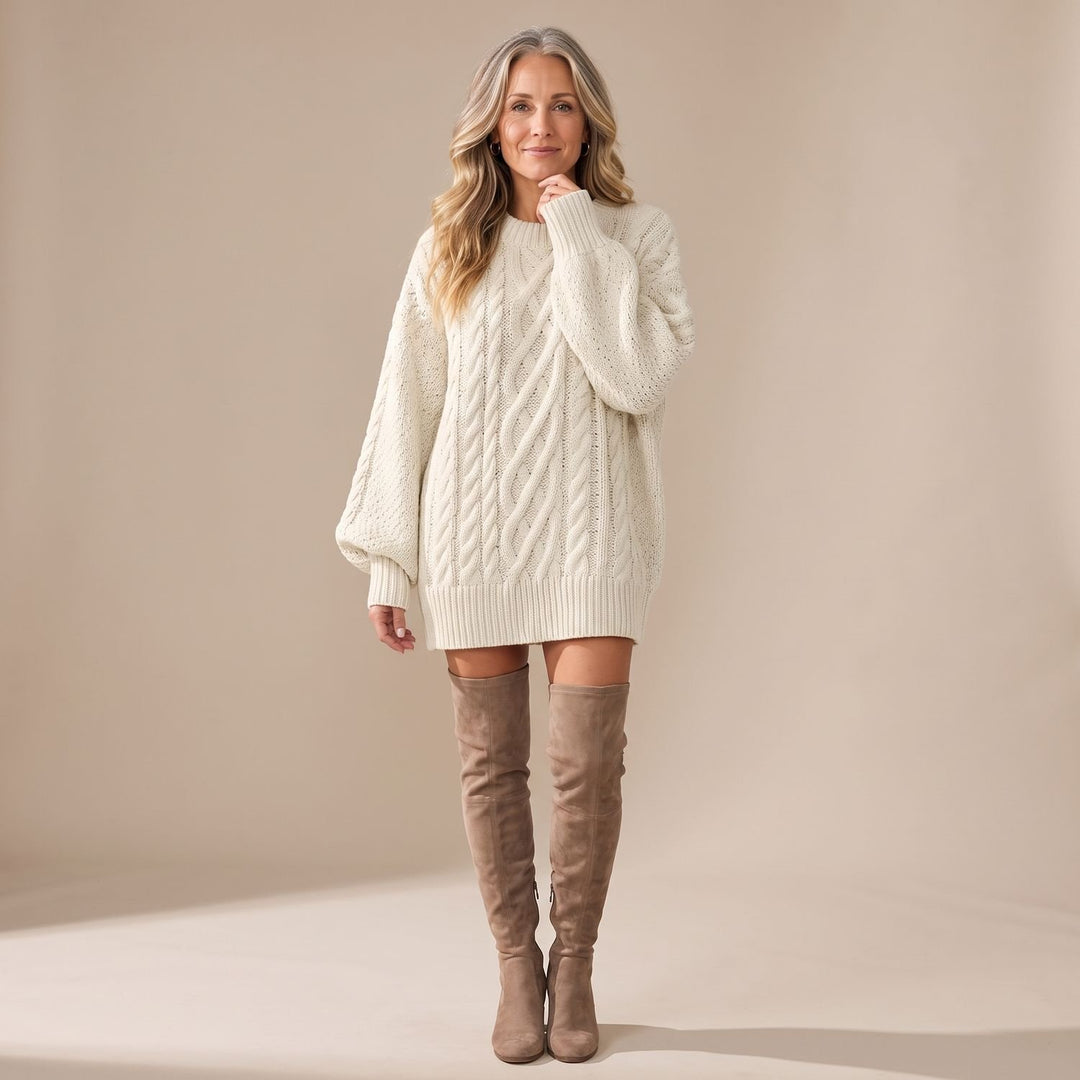 Women's Oversized Cable Knit Sweater Dress Long Sleeve - Beige