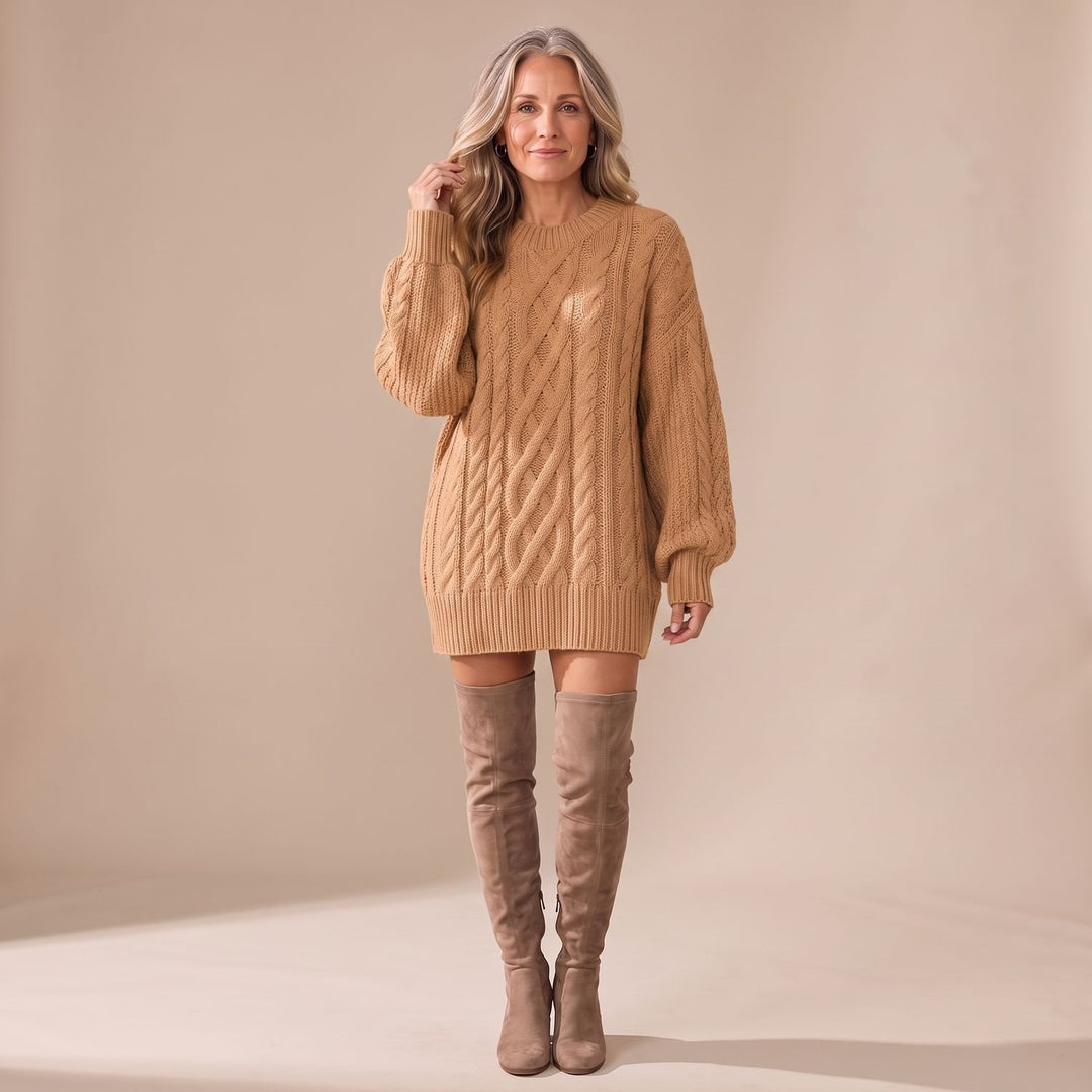 Women's Oversized Cable Knit Sweater Dress Long Sleeve - Brown