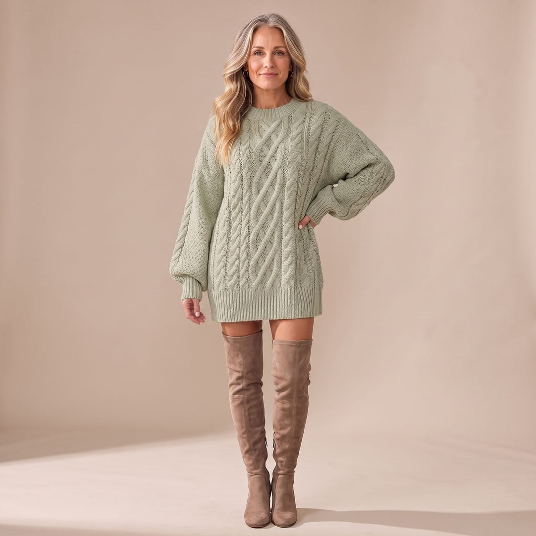 Women's Oversized Cable Knit Sweater Dress Long Sleeve - Green