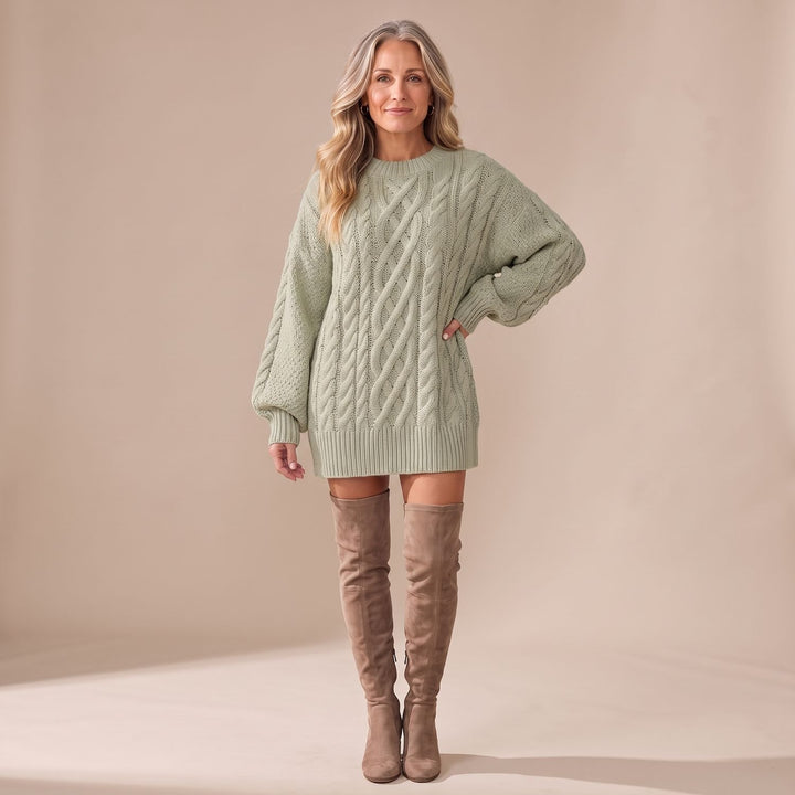 Women's Oversized Cable Knit Sweater Dress Long Sleeve - Green