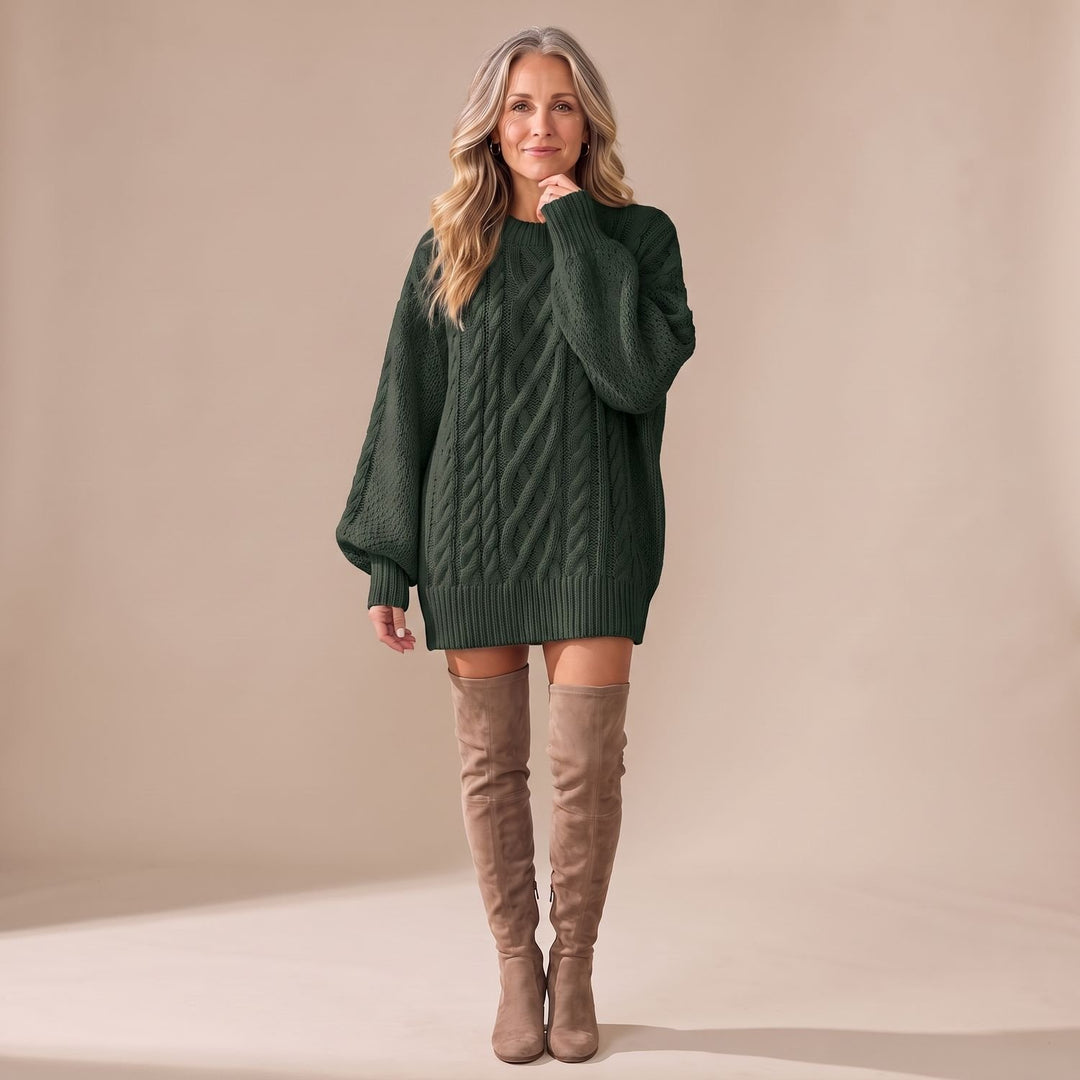 Women's Oversized Cable Knit Sweater Dress Long Sleeve - Dark Green
