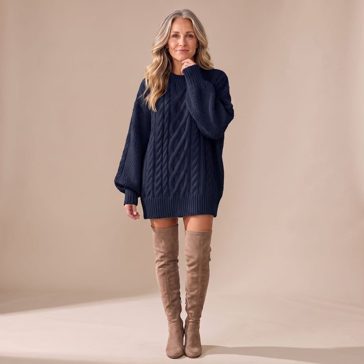 Women's Oversized Cable Knit Sweater Dress Long Sleeve - Navy
