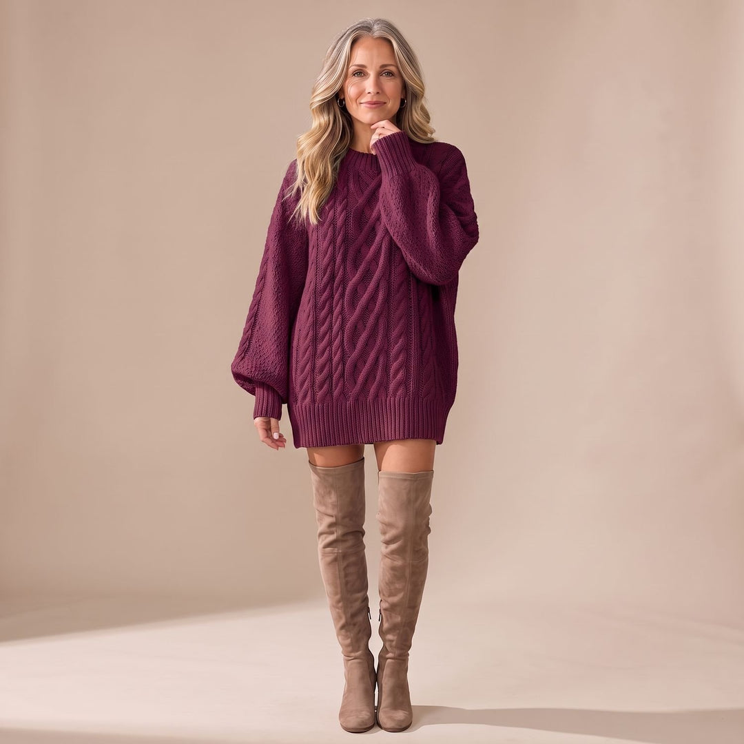 Women's Oversized Cable Knit Sweater Dress Long Sleeve - Purple