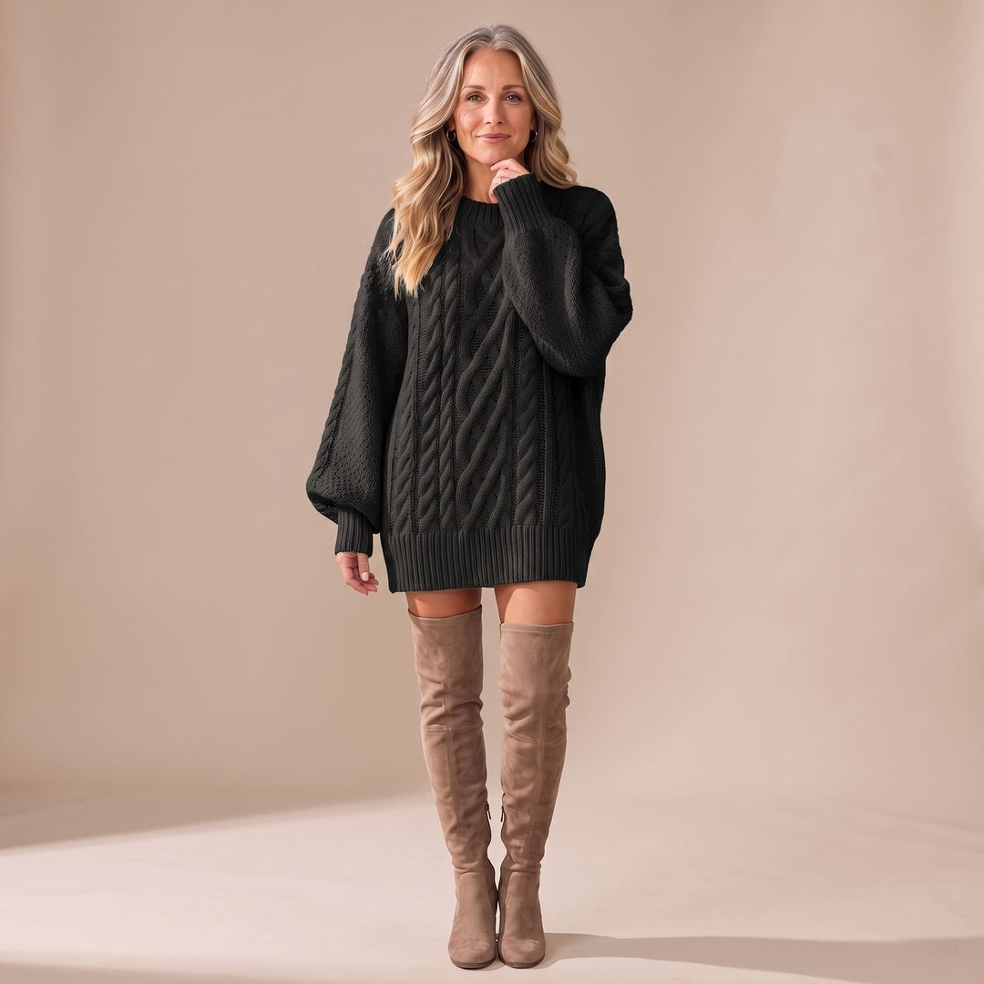 Women's Oversized Cable Knit Sweater Dress Long Sleeve - Black
