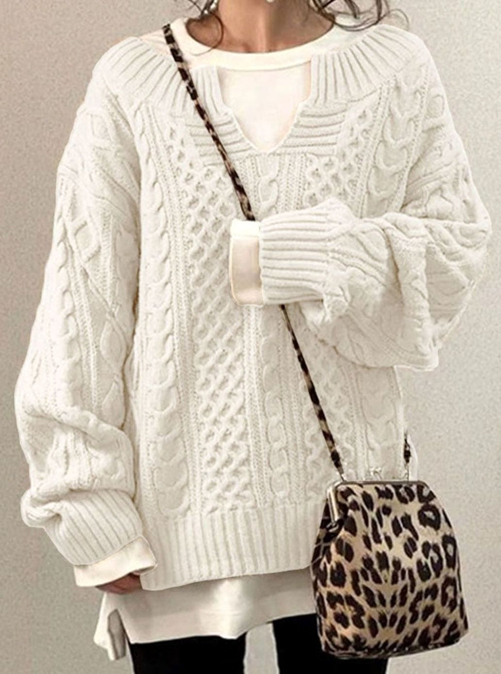Women's Oversized Cable Knit Sweater V-Neck Pullover - White