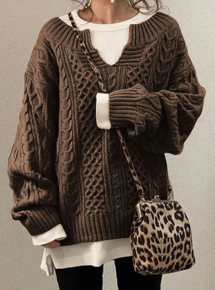 Women's Oversized Cable Knit Sweater V-Neck Pullover - Brown
