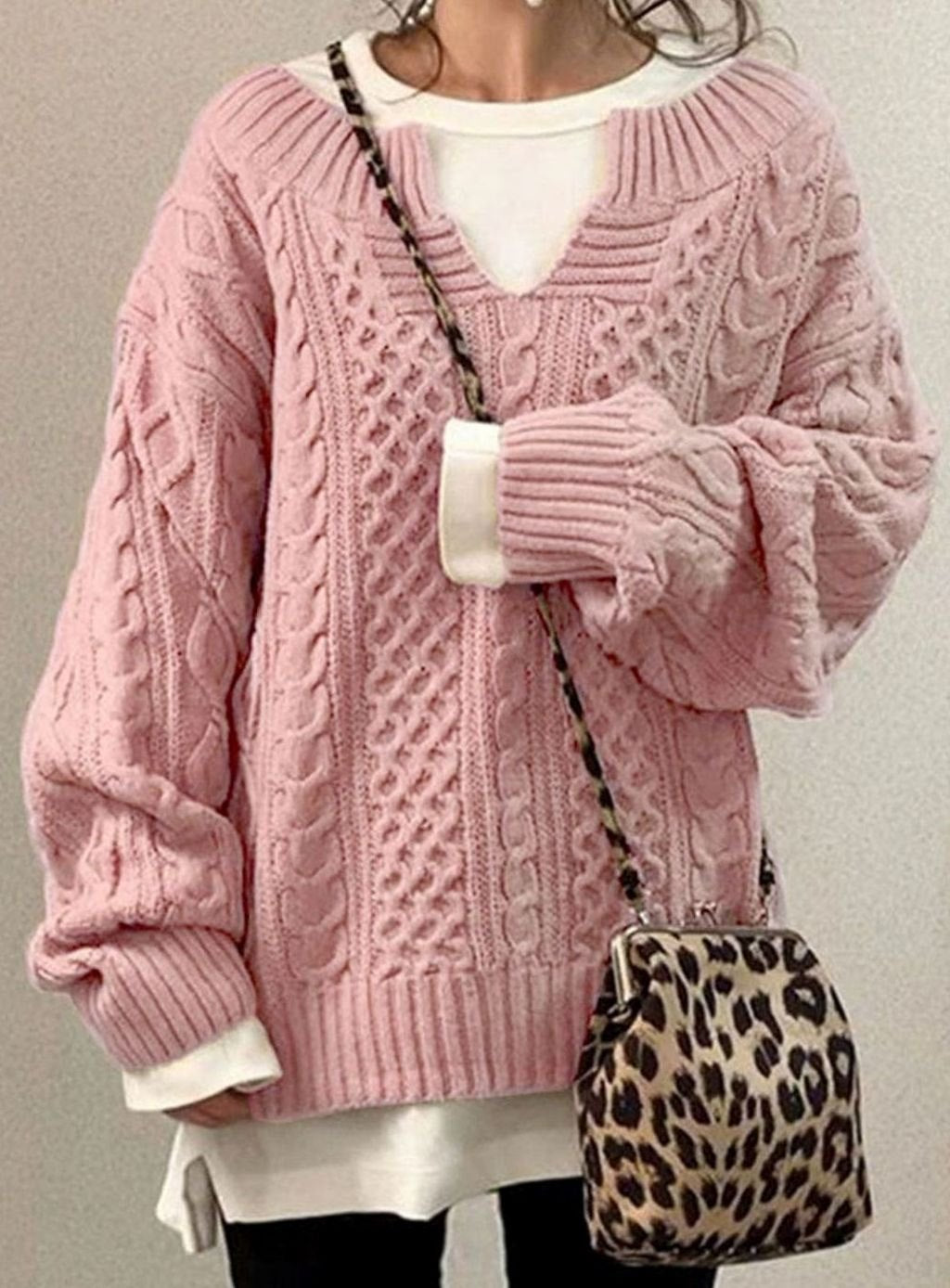 Women's Oversized Cable Knit Sweater V-Neck Pullover - Pink