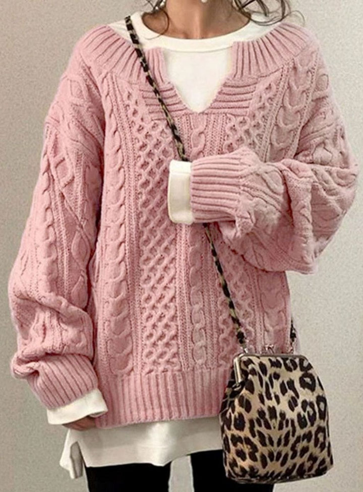 Women's Oversized Cable Knit Sweater V-Neck Pullover - Pink