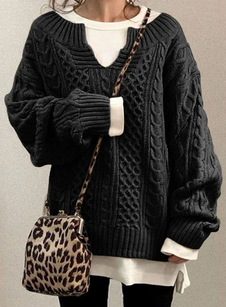 Women's Oversized Cable Knit Sweater V-Neck Pullover - Black
