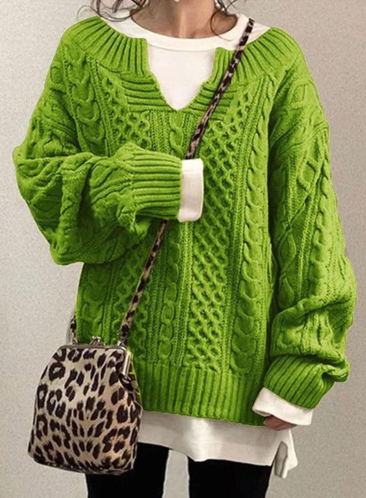 Women's Oversized Cable Knit Sweater V-Neck Pullover - Green