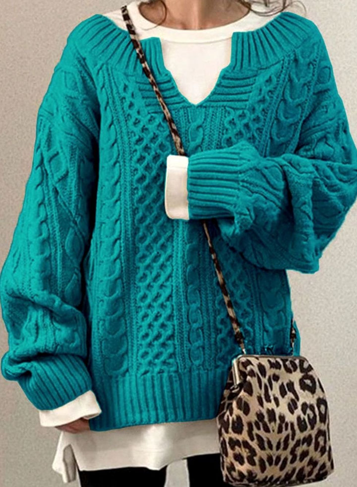 Women's Oversized Cable Knit Sweater V-Neck Pullover - Blue