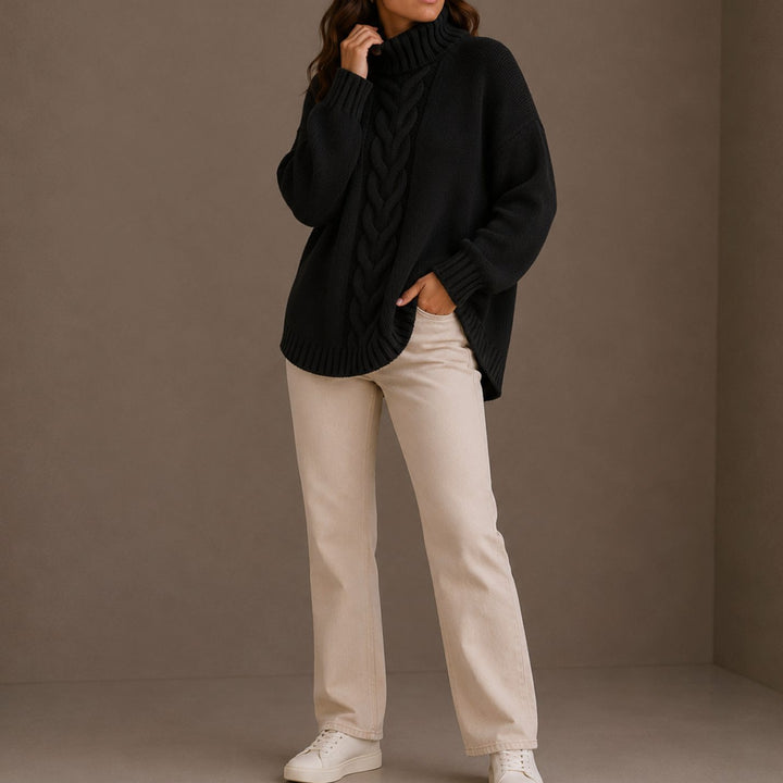 Women's Oversized Cable Knit Turtleneck Sweater - Black