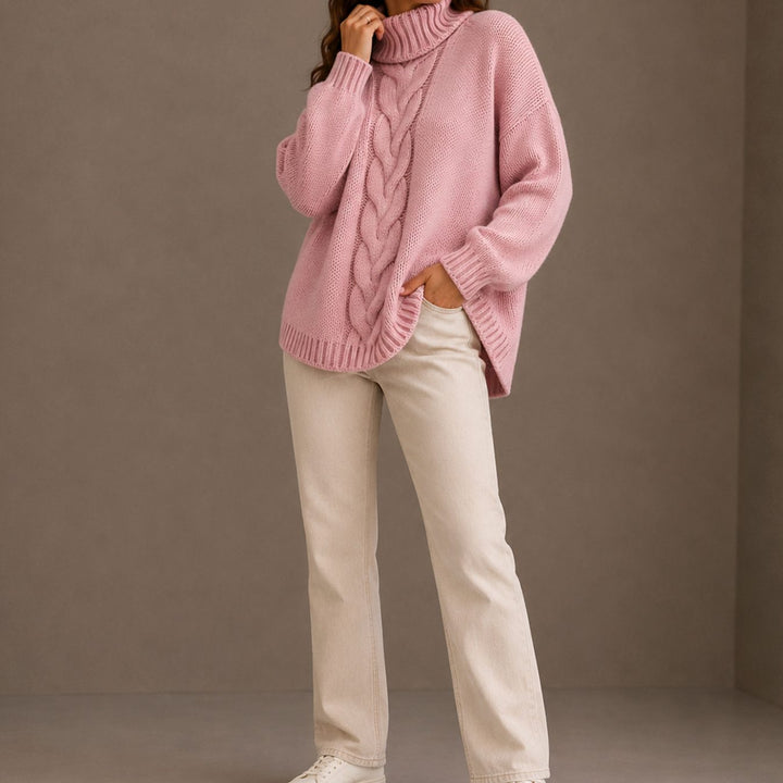 Women's Oversized Cable Knit Turtleneck Sweater - Pink