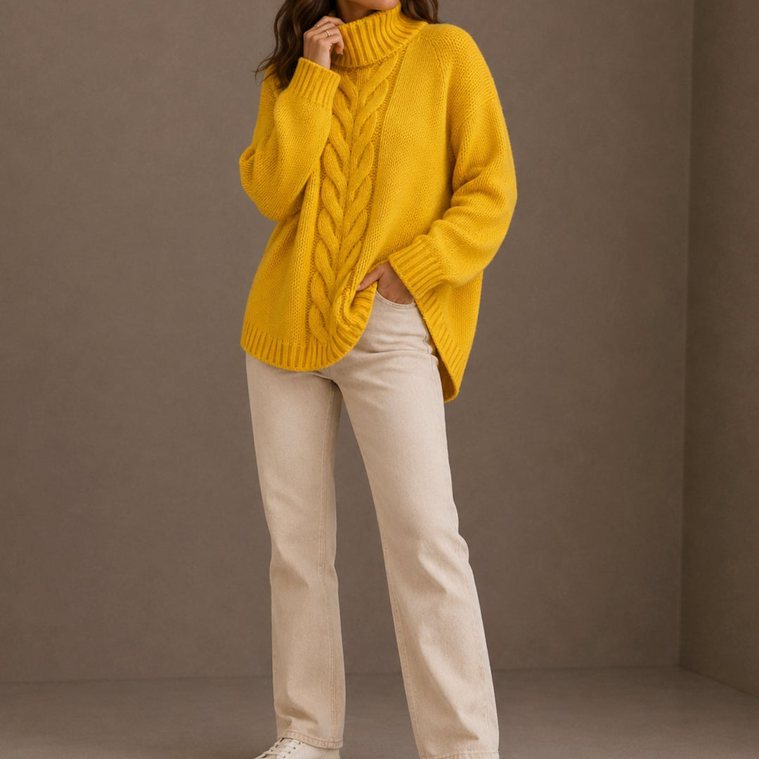 Women's Oversized Cable Knit Turtleneck Sweater - Yellow