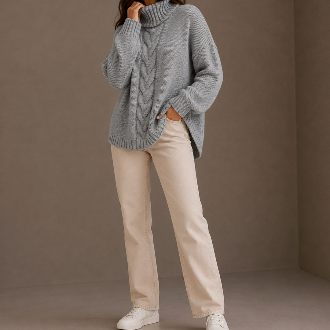 Women's Oversized Cable Knit Turtleneck Sweater - Gray