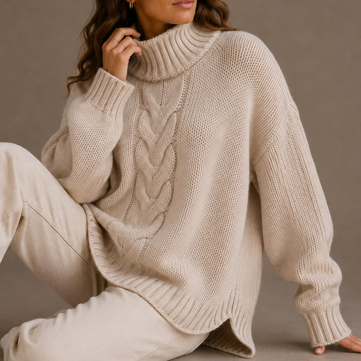 Women's Oversized Cable Knit Turtleneck Sweater - Beige