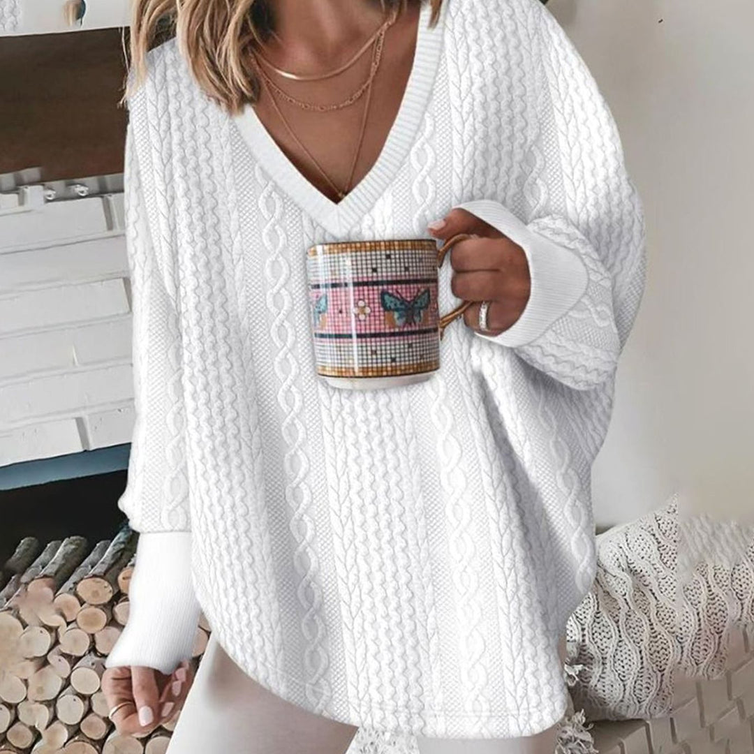 Women's Oversized Cable Knit V-Neck Sweater - White