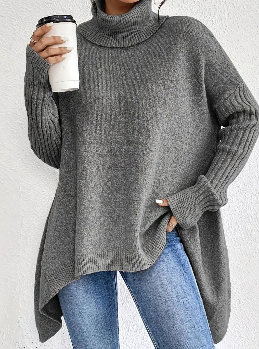 Women's Oversized Cashmere Turtleneck Pullover Sweater - Gray