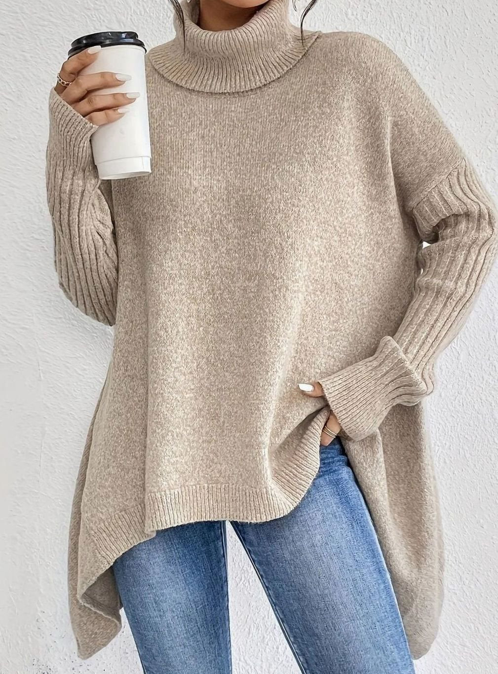 Women's Oversized Cashmere Turtleneck Pullover Sweater - Apricot