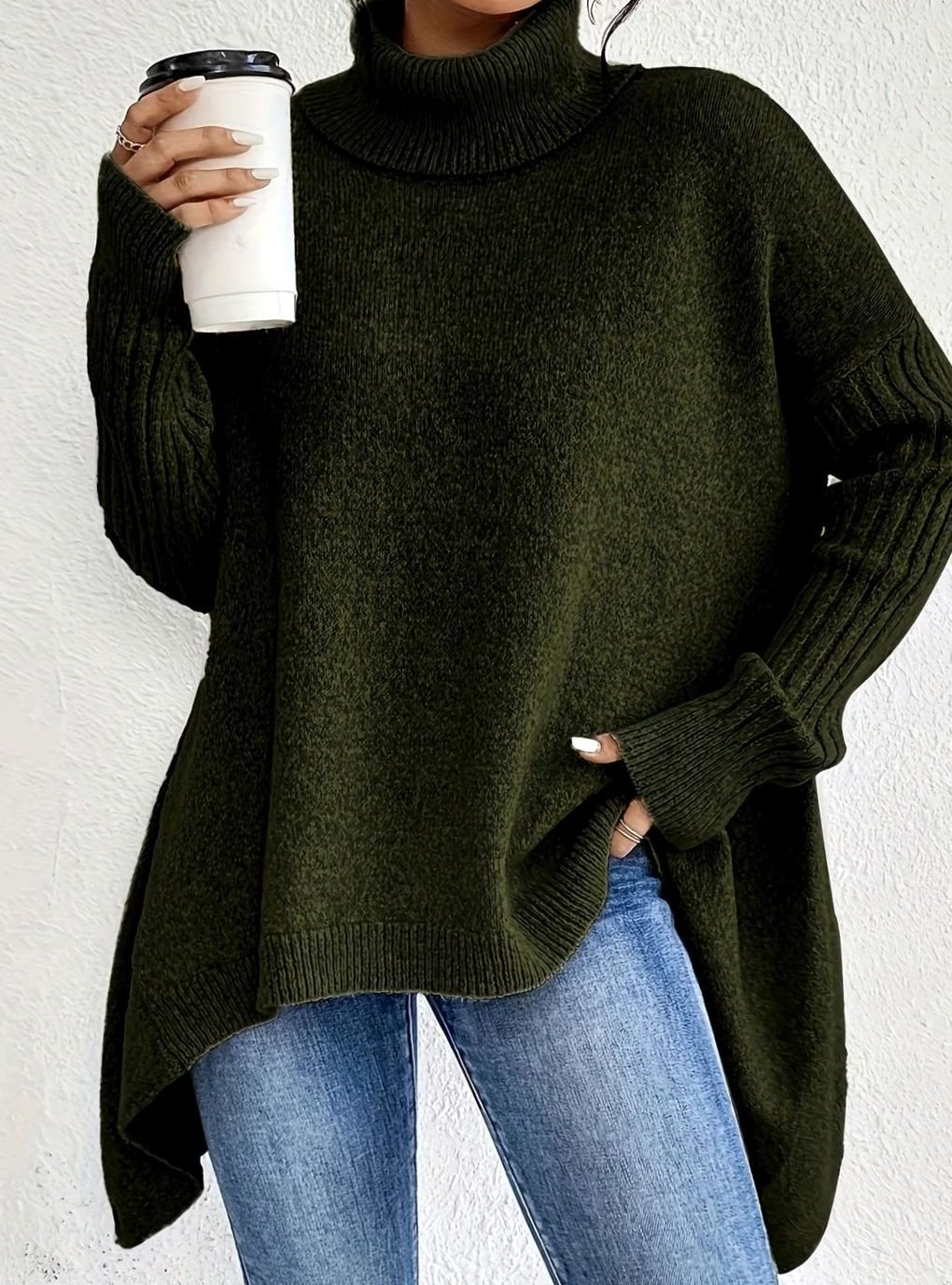 Women's Oversized Cashmere Turtleneck Pullover Sweater - Dark Green