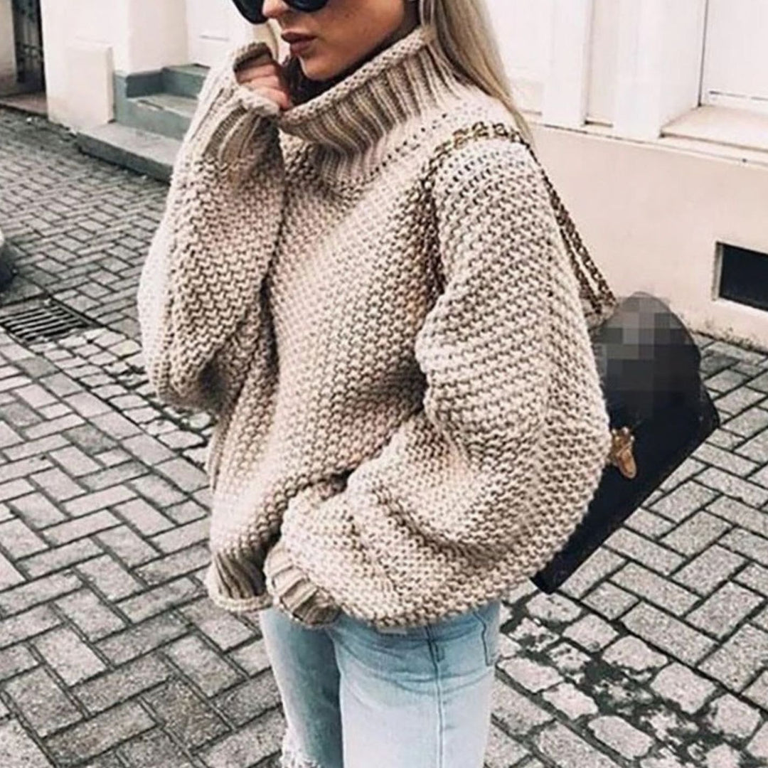 Women's Oversized Chunky Knit Turtleneck Sweater - Khaki
