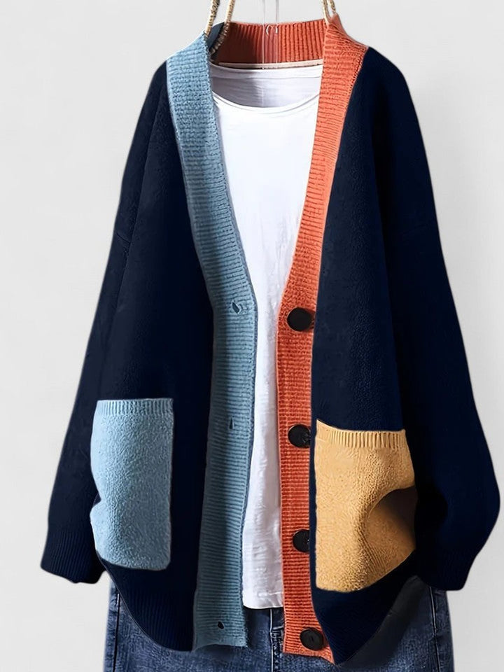 Women's Oversized Color-Block Button-Front Cardigan Sweater - Navy Blue
