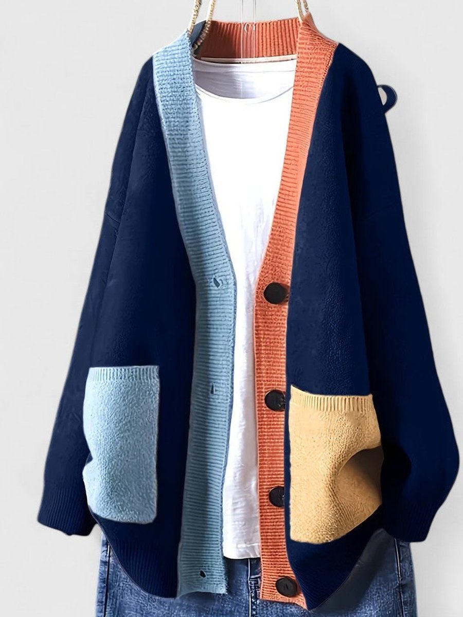 Women's Oversized Color-Block Button-Front Cardigan Sweater - Blue