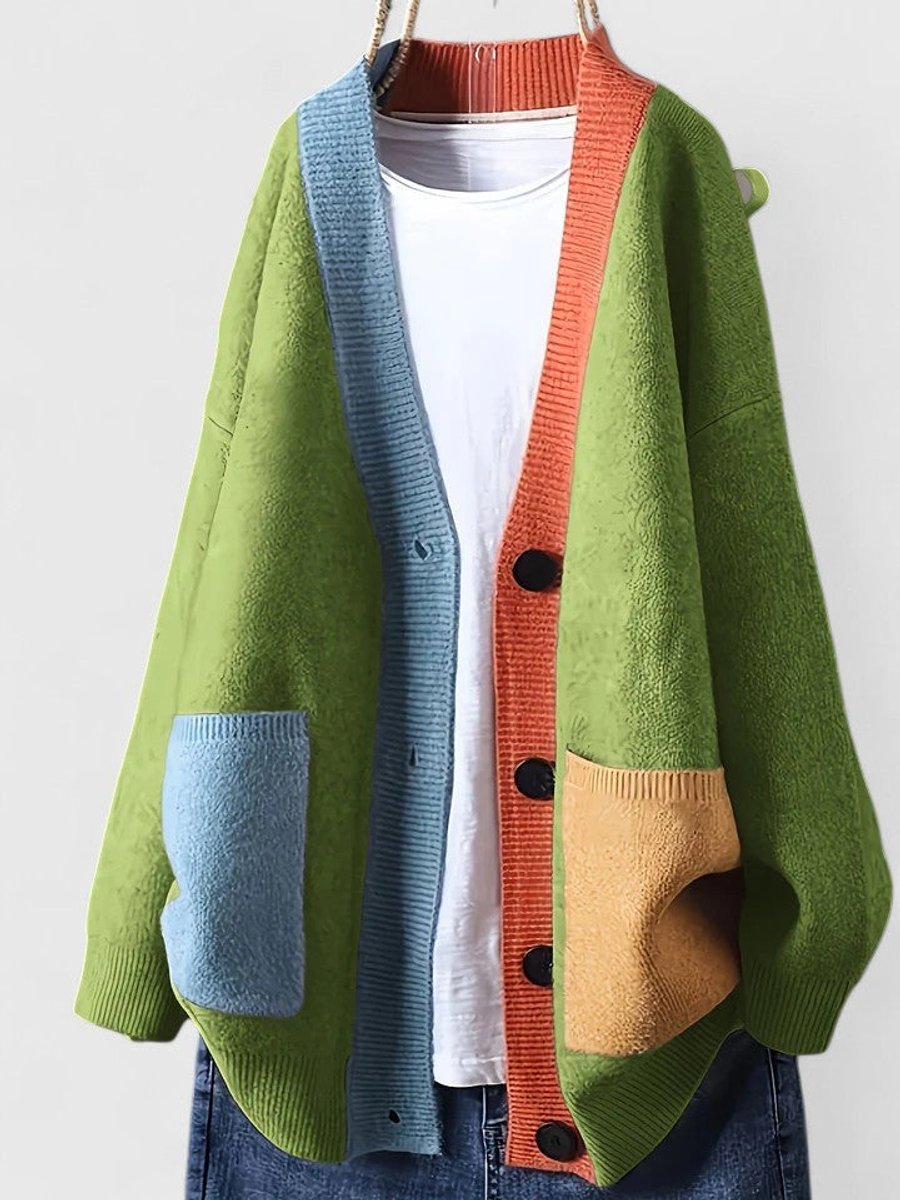 Women's Oversized Color-Block Button-Front Cardigan Sweater - Green