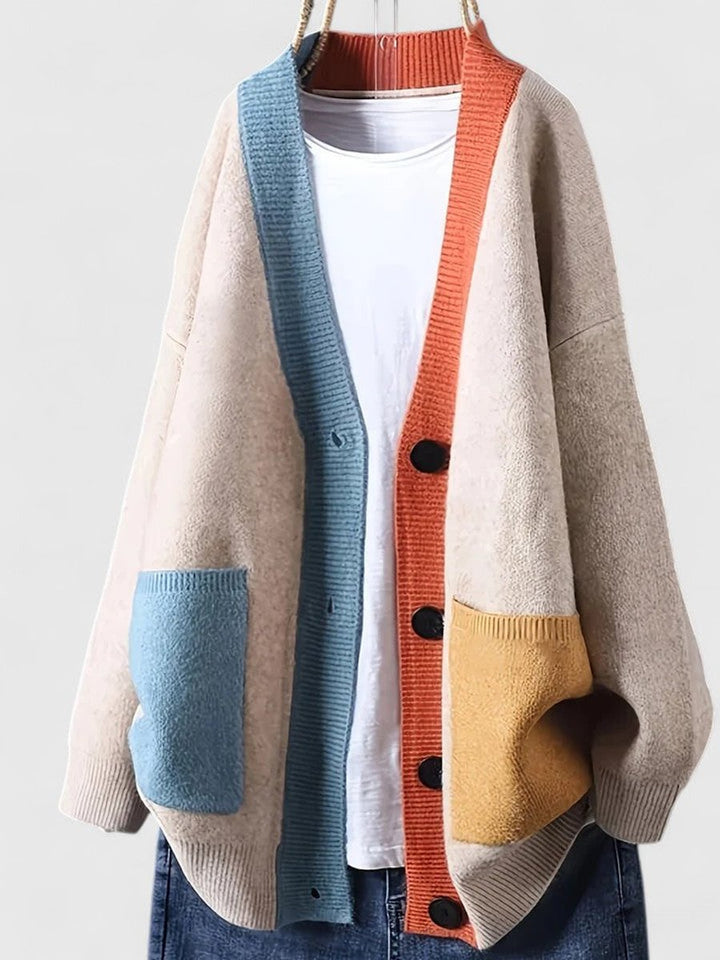 Women's Oversized Color-Block Button-Front Cardigan Sweater - Beige