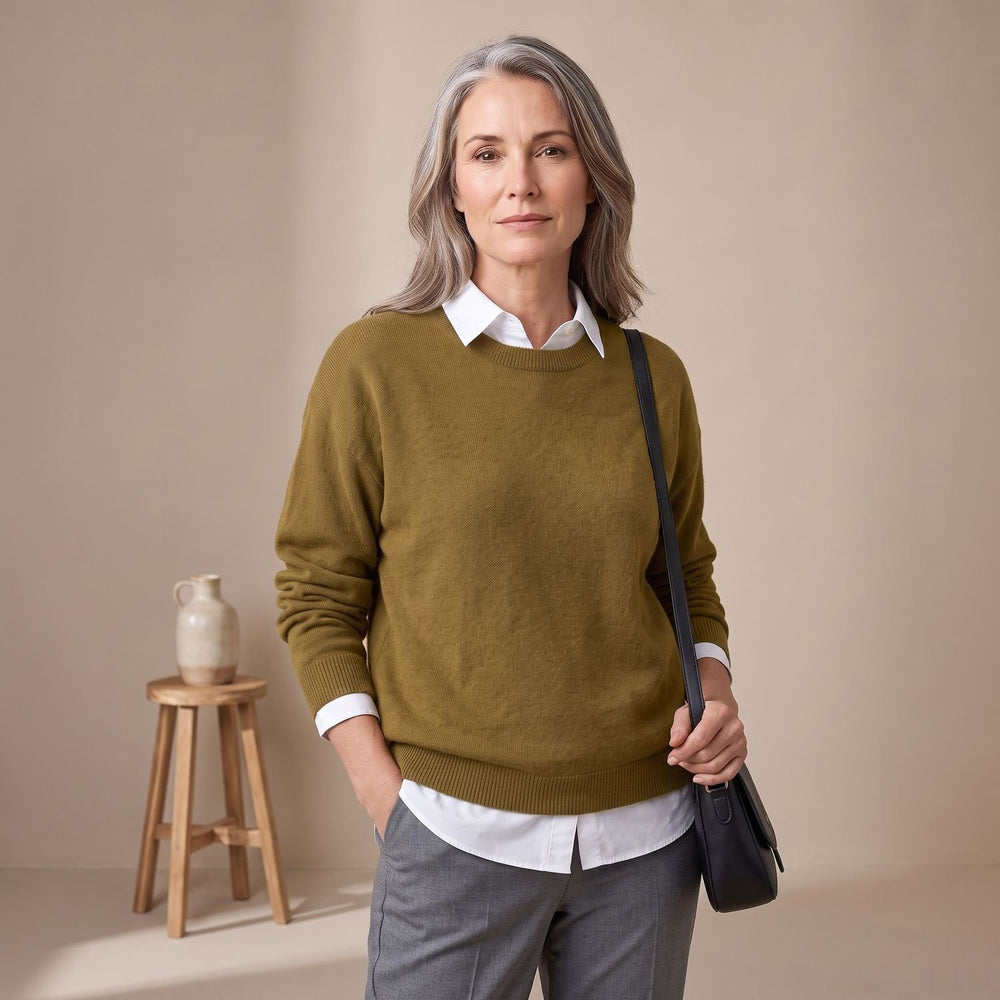 Women's Oversized Crew-Neck Knit Pullover Sweater - Khaki