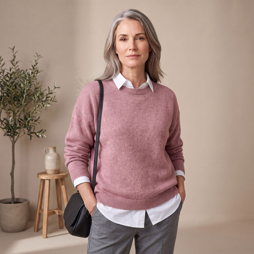 Women's Oversized Crew-Neck Knit Pullover Sweater - Pink