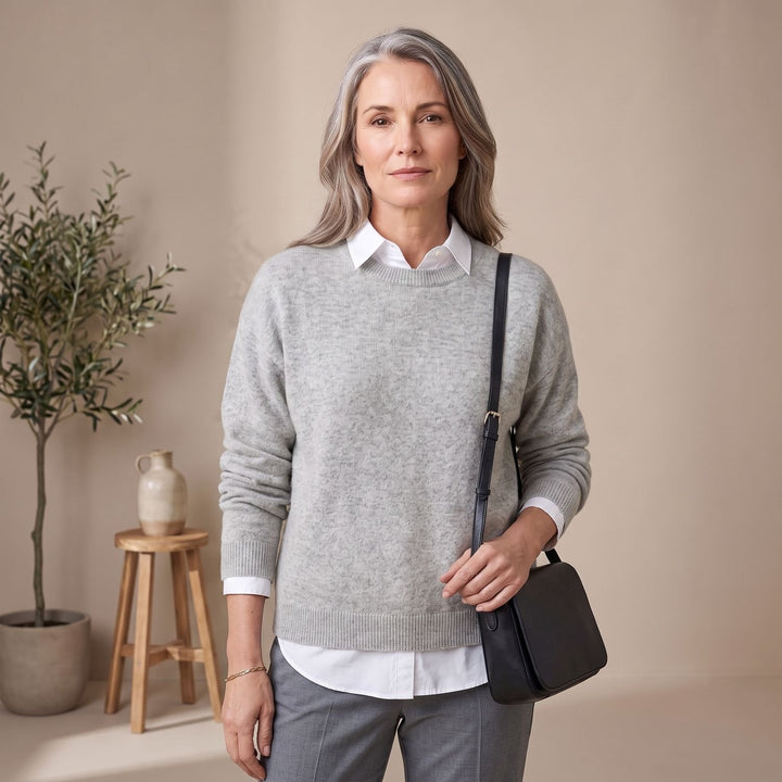 Women's Oversized Crew-Neck Knit Pullover Sweater - Grey