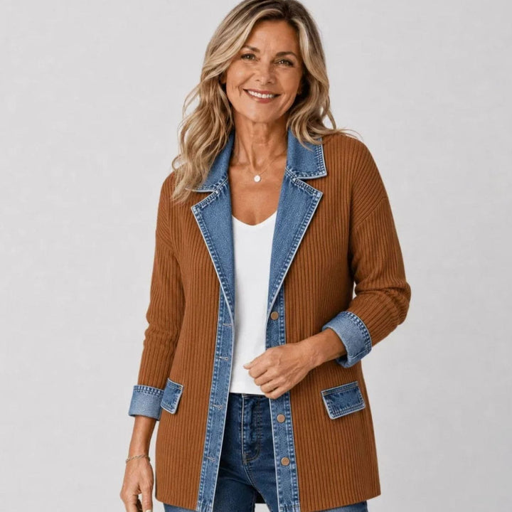 Women's Oversized Denim Trucker Jacket Knit Panel - Brown