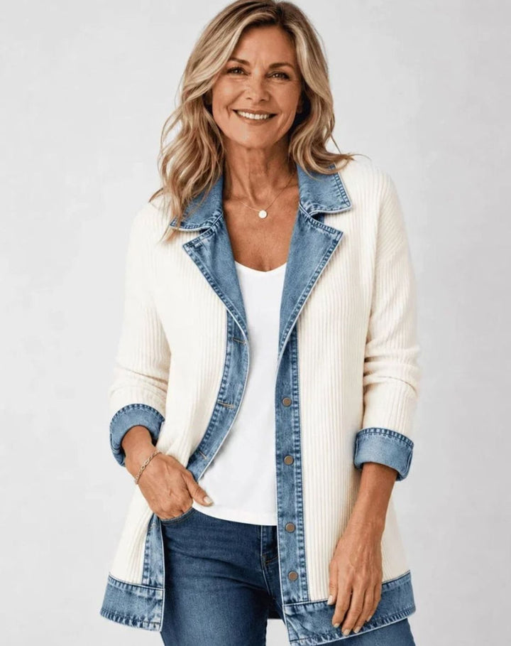 Women's Oversized Denim Trucker Jacket Knit Panel - White