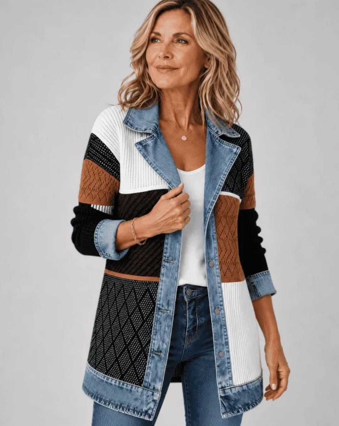 Women's Oversized Denim Trucker Jacket Knit Panel - Multicolor