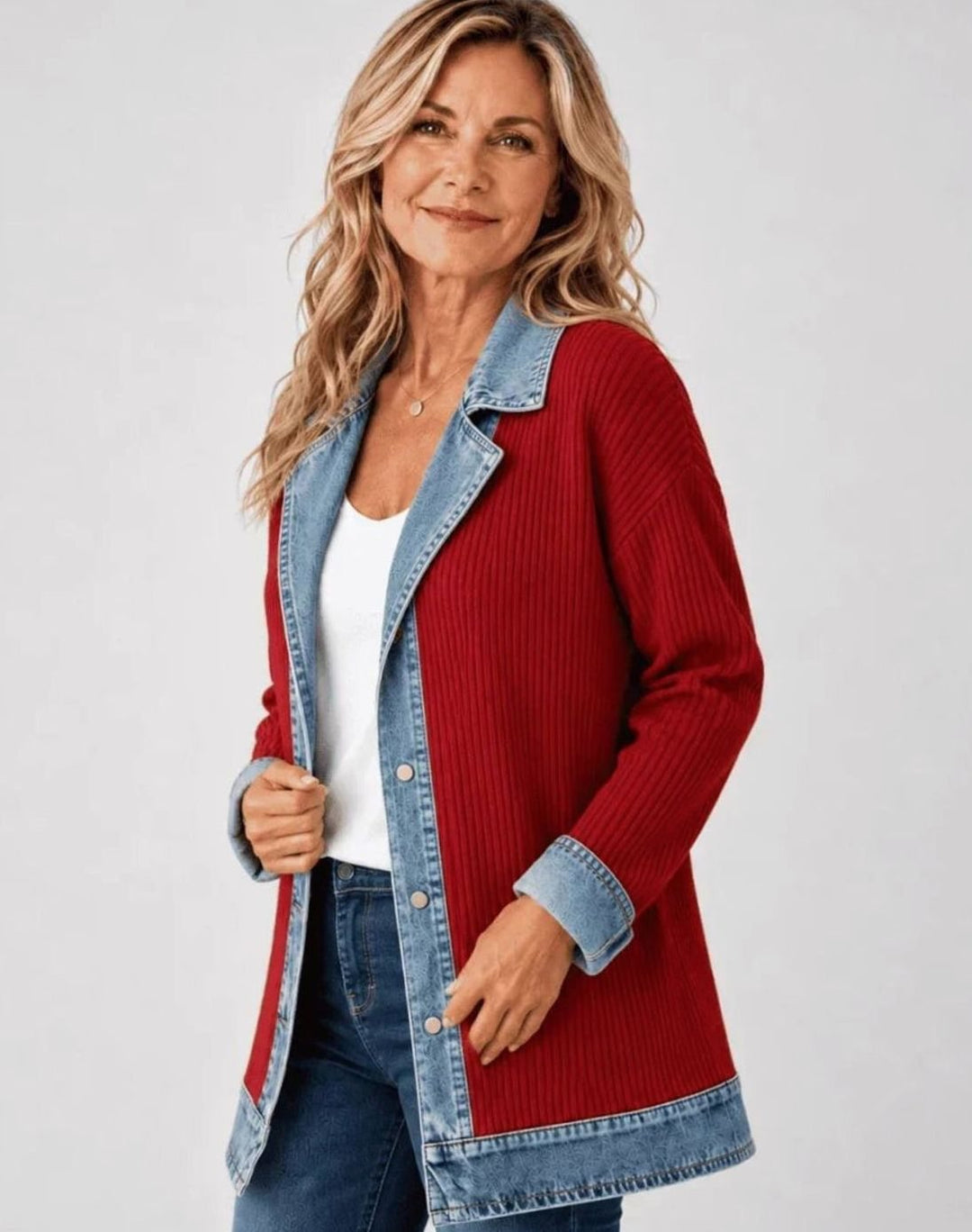 Women's Oversized Denim Trucker Jacket Knit Panel - Red